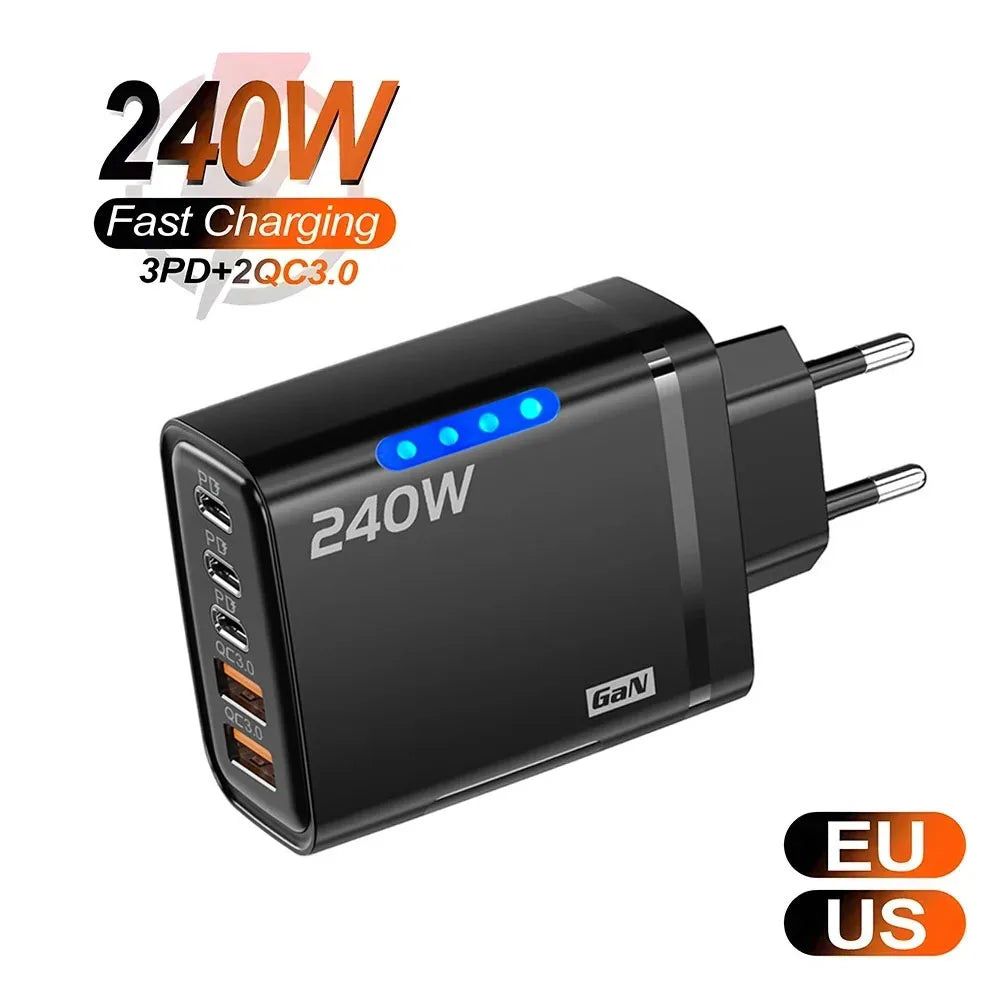 240W Gan USB C Charger 5 in 1 Fast Charging Phone Charger Power Adapter for Iphone Samsung Xiaomi Type C EU/US Plug Wall Charger