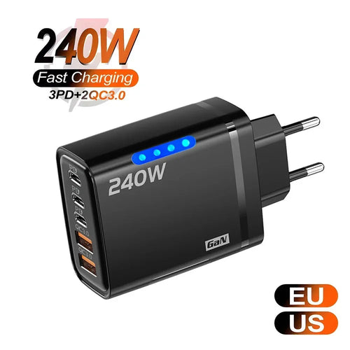 240W Gan USB C Charger 5 in 1 Fast Charging Phone Charger Power Adapter for Iphone Samsung Xiaomi Type C EU/US Plug Wall Charger