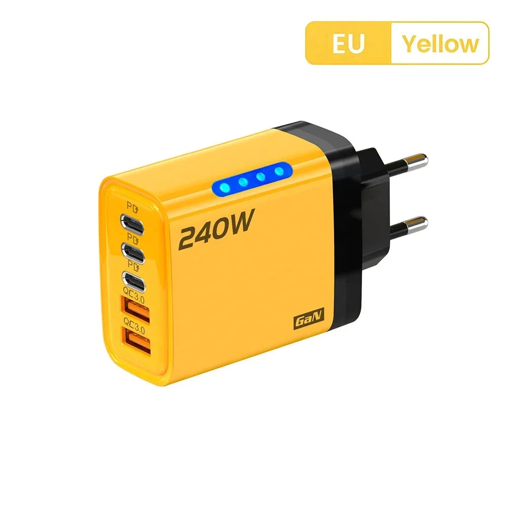 240W Gan USB C Charger 5 in 1 Fast Charging Phone Charger Power Adapter for Iphone Samsung Xiaomi Type C EU/US Plug Wall Charger