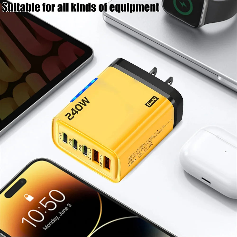 240W Gan USB C Charger 5 in 1 Fast Charging Phone Charger Power Adapter for Iphone Samsung Xiaomi Type C EU/US Plug Wall Charger