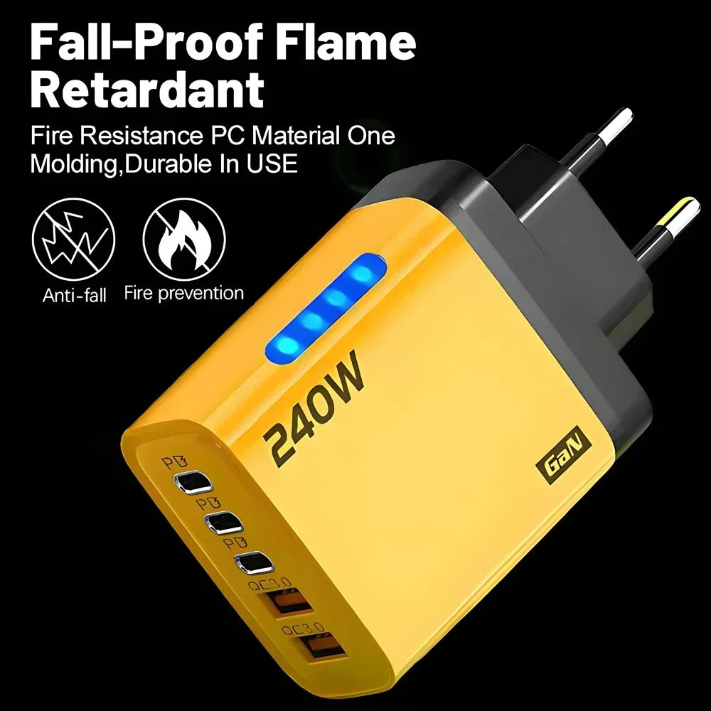 240W Gan USB C Charger 5 in 1 Fast Charging Phone Charger Power Adapter for Iphone Samsung Xiaomi Type C EU/US Plug Wall Charger
