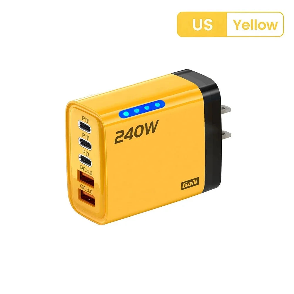 240W Gan USB C Charger 5 in 1 Fast Charging Phone Charger Power Adapter for Iphone Samsung Xiaomi Type C EU/US Plug Wall Charger