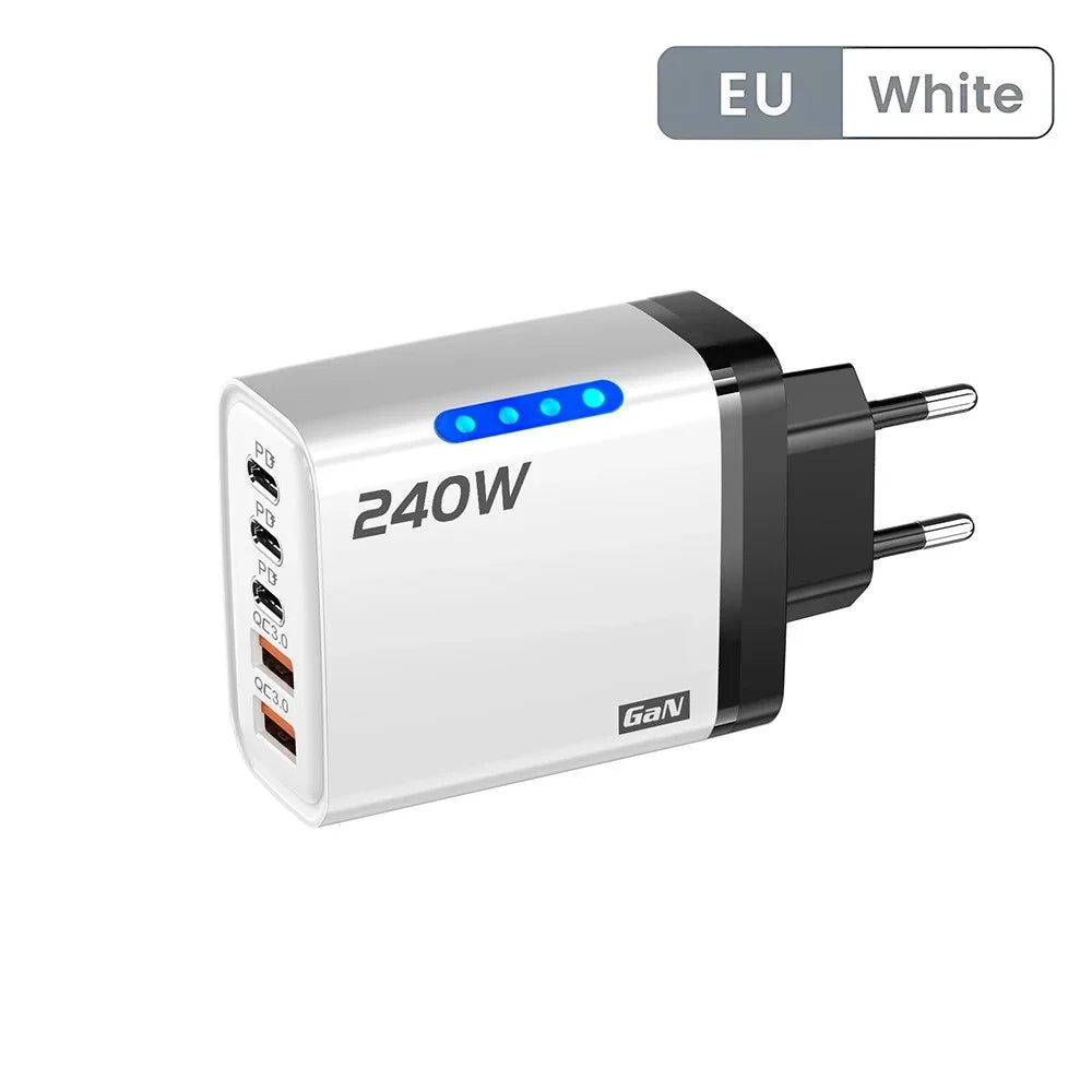 240W Gan USB C Charger 5 in 1 Fast Charging Phone Charger Power Adapter for Iphone Samsung Xiaomi Type C EU/US Plug Wall Charger