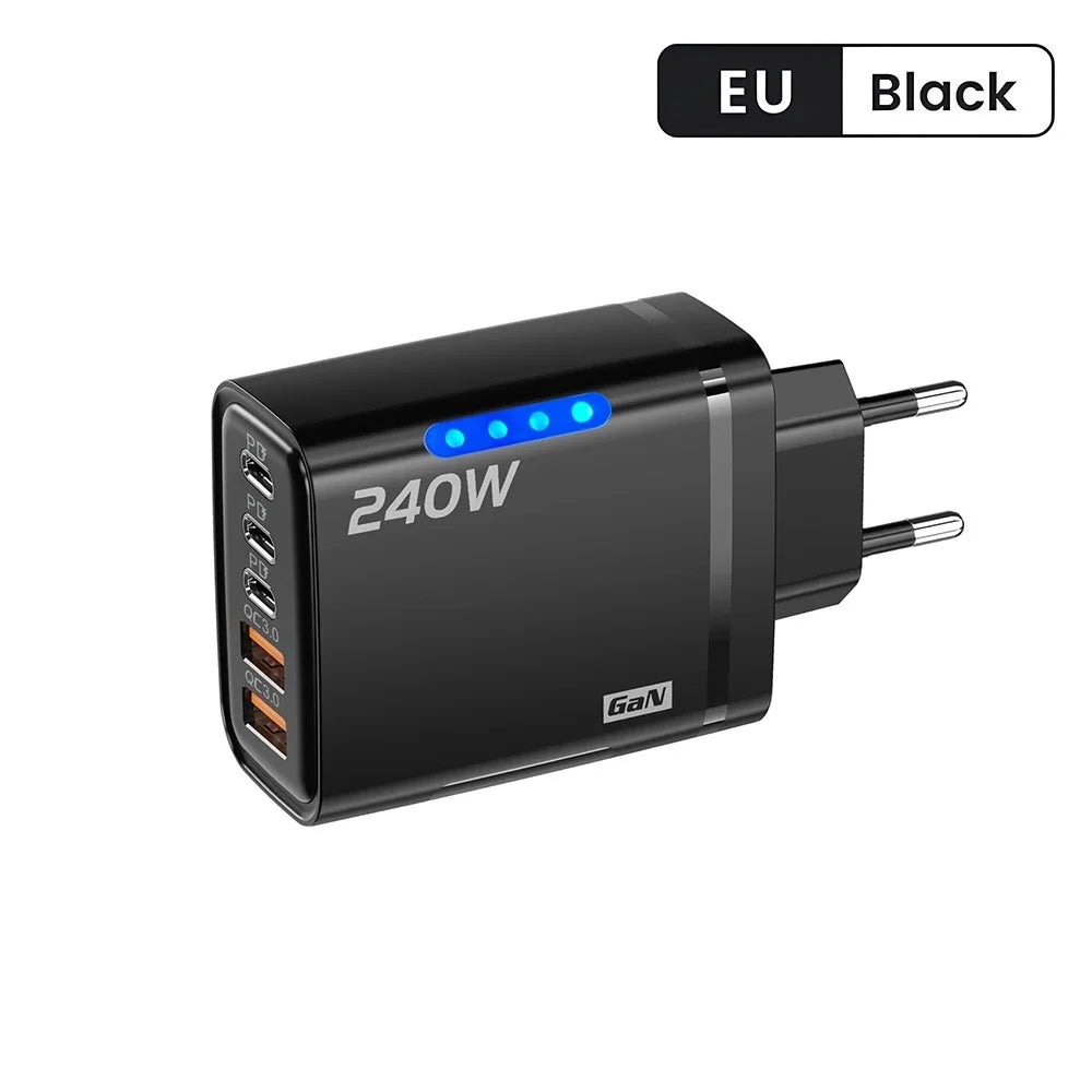 240W Gan USB C Charger 5 in 1 Fast Charging Phone Charger Power Adapter for Iphone Samsung Xiaomi Type C EU/US Plug Wall Charger