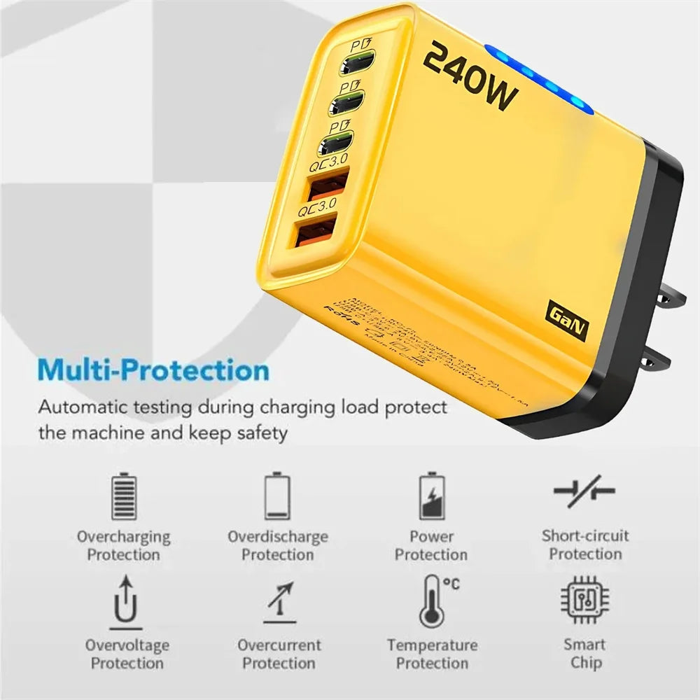 240W Gan USB C Charger 5 in 1 Fast Charging Phone Charger Power Adapter for Iphone Samsung Xiaomi Type C EU/US Plug Wall Charger