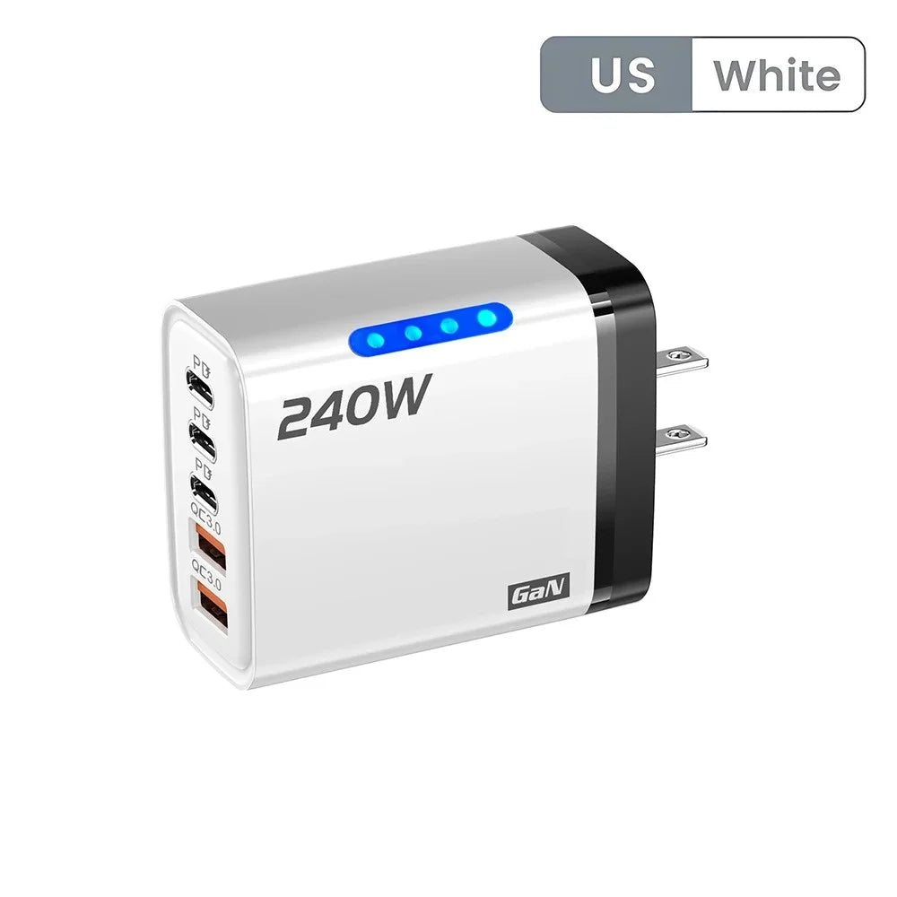 240W Gan USB C Charger 5 in 1 Fast Charging Phone Charger Power Adapter for Iphone Samsung Xiaomi Type C EU/US Plug Wall Charger