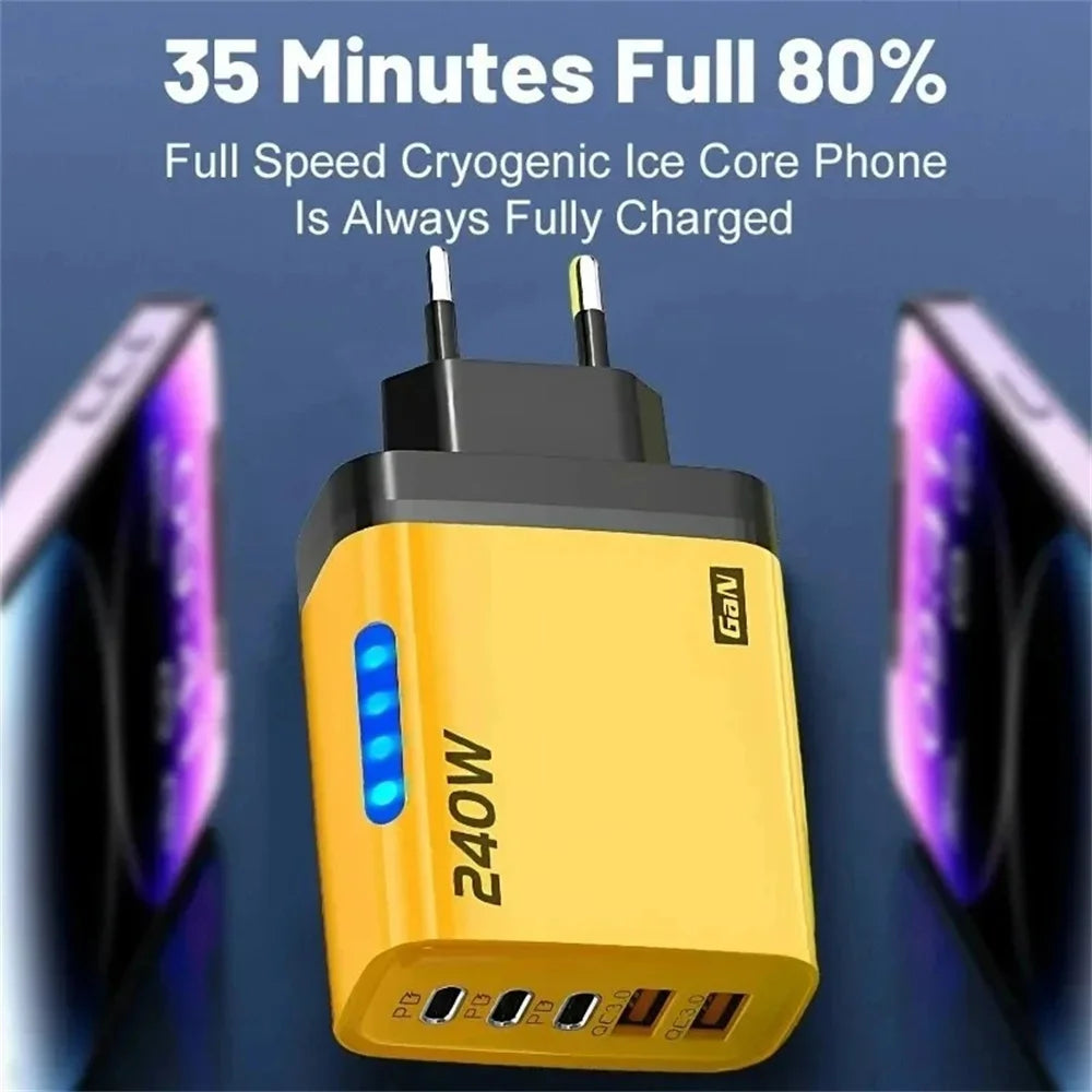 240W Gan USB C Charger 5 in 1 Fast Charging Phone Charger Power Adapter for Iphone Samsung Xiaomi Type C EU/US Plug Wall Charger