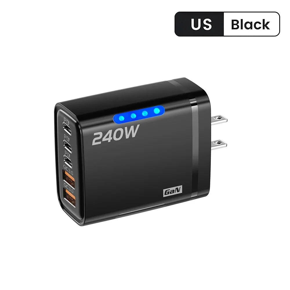 240W Gan USB C Charger 5 in 1 Fast Charging Phone Charger Power Adapter for Iphone Samsung Xiaomi Type C EU/US Plug Wall Charger